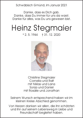 Traueranzeige von Heinz Stegmaier von Gmünder Tagespost