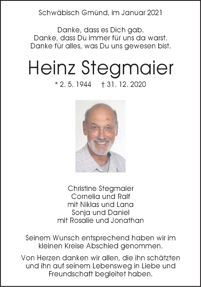  Traueranzeige für Heinz Stegmaier vom 14.01.2021 aus Gmünder Tagespost