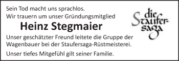 Traueranzeige von Heinz Stegmaier von Gmünder Tagespost