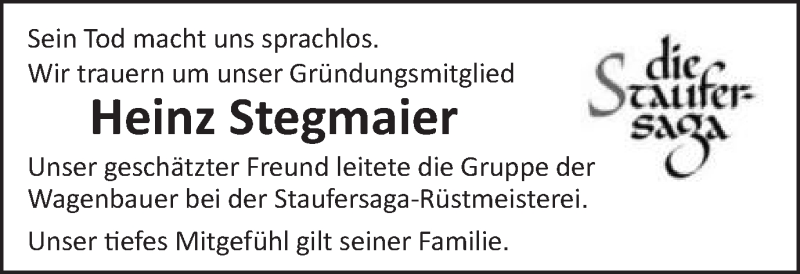  Traueranzeige für Heinz Stegmaier vom 15.01.2021 aus Gmünder Tagespost