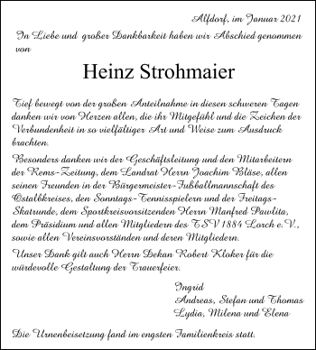 Traueranzeige von Heinz Strohmaier von Gmünder Tagespost