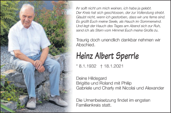 Traueranzeige von Heinz Albert Sperrle von Schwäbische Post
