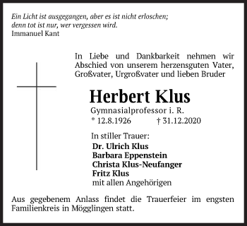 Traueranzeige von Herbert Klus von Schwäbische Post