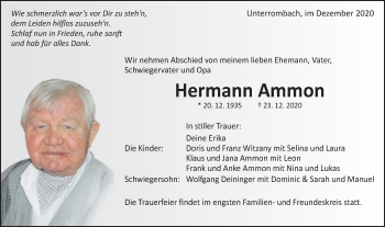 Traueranzeige von Hermann Ammon von Schwäbische Post