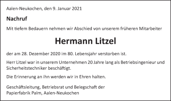 Traueranzeige von Hermann Litzel von Schwäbische Post