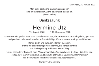Traueranzeige von Hermine Utz von Schwäbische Post