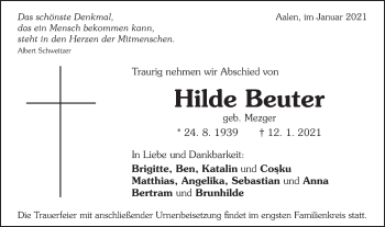 Traueranzeige von Hilde Beuter von Schwäbische Post