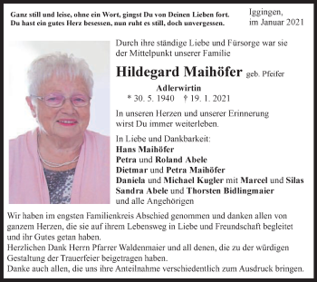 Traueranzeige von Hildegard Maihöfer von Gmünder Tagespost