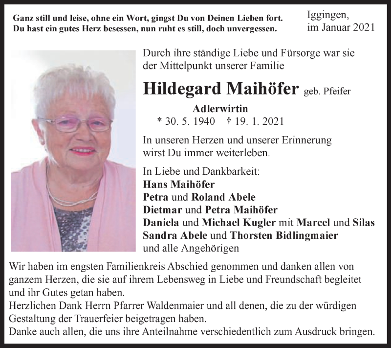 Traueranzeige für Hildegard Maihöfer vom 25.01.2021 aus Gmünder Tagespost