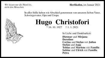 Traueranzeige von Hugo Christofori von Gmünder Tagespost