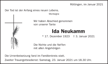 Traueranzeige von Ida Neukamm von Schwäbische Post