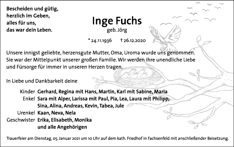  Traueranzeige für Inge Fuchs vom 02.01.2021 aus Schwäbische Post