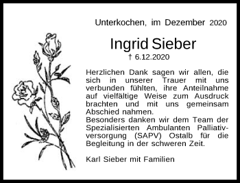 Traueranzeige von Ingrid Sieber von Schwäbische Post