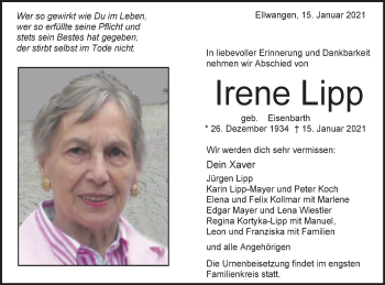 Traueranzeige von Irene Lipp von Schwäbische Post