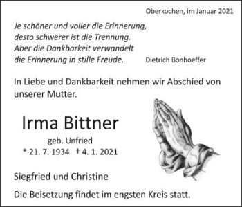 Traueranzeige von Irma Bittner von Amtsblatt_Oko