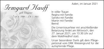 Traueranzeige von Irmgard Hauff von Schwäbische Post