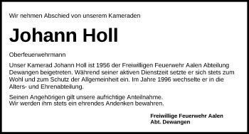 Traueranzeige von Johann Holl von Schwäbische Post