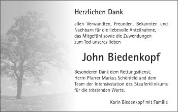 Traueranzeige von John Biedenkopf von Gmünder Tagespost