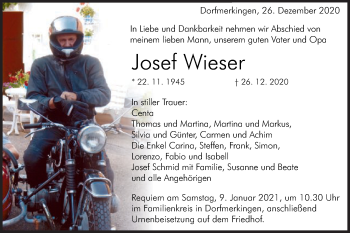 Traueranzeige von Josef Wieser von Schwäbische Post