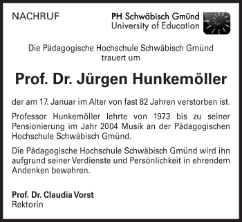 Traueranzeige von Jürgen Hunkemöller von Gmünder Tagespost