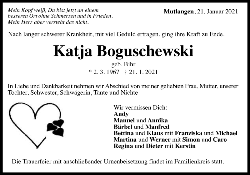  Traueranzeige für Katja Boguschewski vom 30.01.2021 aus Gmünder Tagespost
