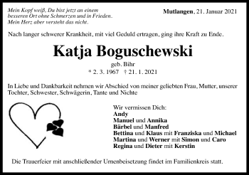 Traueranzeige von Katja Boguschewski