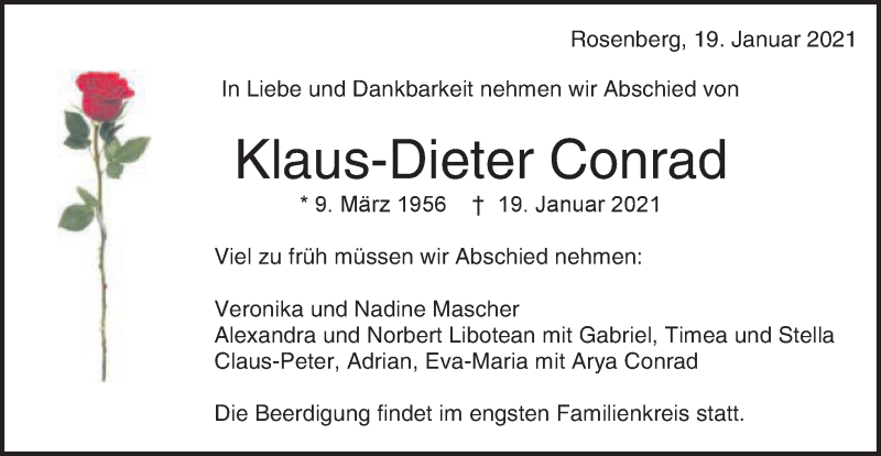  Traueranzeige für Klaus-Dieter Conrad vom 22.01.2021 aus Schwäbische Post