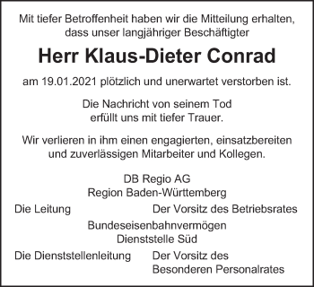 Traueranzeige von Klaus-Dieter Conrad von Schwäbische Post