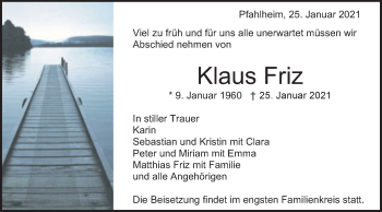 Traueranzeige von Klaus Friz von Schwäbische Post