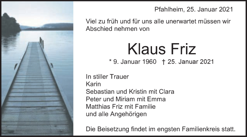  Traueranzeige für Klaus Friz vom 28.01.2021 aus Schwäbische Post
