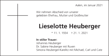 Traueranzeige von Lieselotte Heuberger von Schwäbische Post