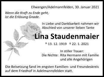Traueranzeige von Lina Staudenmaier von Schwäbische Post