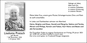 Traueranzeige von Liselotte Pretsch von Gmünder Tagespost