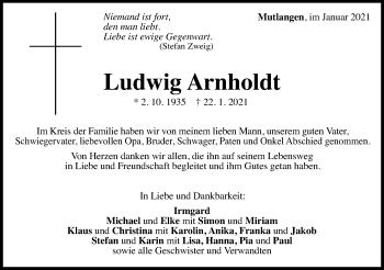 Traueranzeige von Ludwig Arnholdt von Gmünder Tagespost