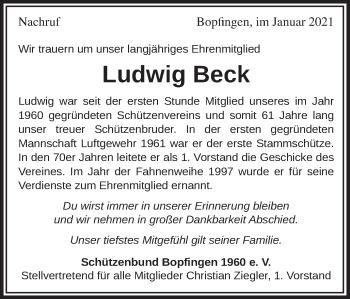 Traueranzeige von Ludwig Beck von Bopfinger Stadtanzeiger