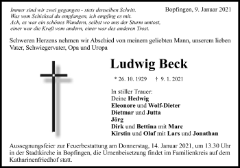 Traueranzeige von Ludwig Beck von Schwäbische Post