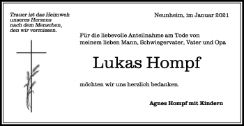 Traueranzeige von Lukas Hompf von Schwäbische Post