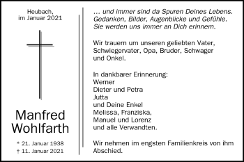 Traueranzeige von Manfred Wohlfarth von Gmünder Tagespost