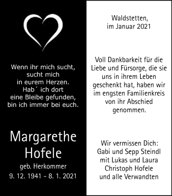 Traueranzeige von Margarethe Hofele von Gmünder Tagespost