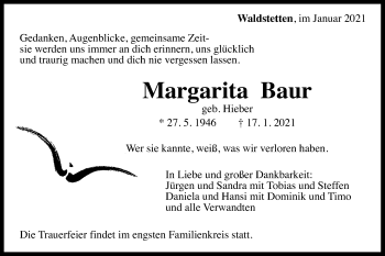 Traueranzeige von Margarita Baur von Gmünder Tagespost