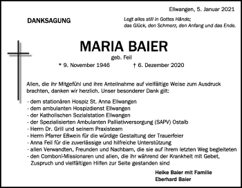 Traueranzeige von Maria Baier von Schwäbische Post