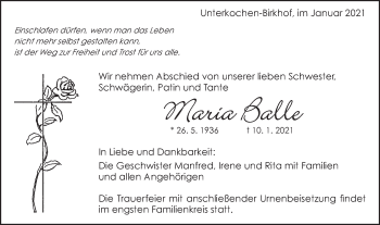 Traueranzeige von Maria Balle von Schwäbische Post