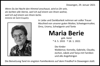 Traueranzeige von Maria Berie von Schwäbische Post