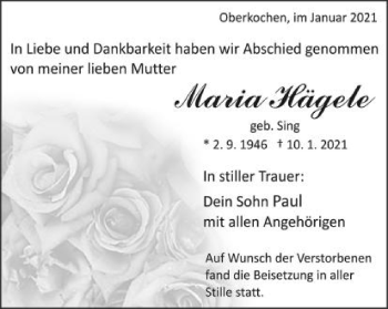 Traueranzeige von Maria Häfgele von Amtsblatt_Oko