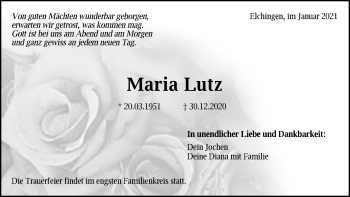 Traueranzeige von Maria Lutz von Schwäbische Post