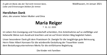 Traueranzeige von Maria Reiger von Schwäbische Post