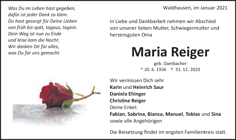  Traueranzeige für Maria Reiger vom 04.01.2021 aus Schwäbische Post