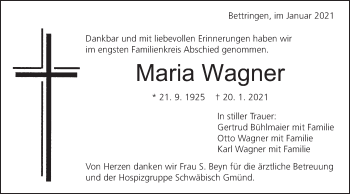 Traueranzeige von Maria Wagner von Gmünder Tagespost