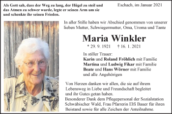 Traueranzeige von Maria Winkler von Gmünder Tagespost