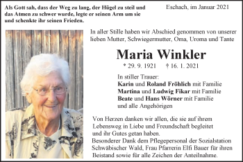 Traueranzeige von Maria Winkler